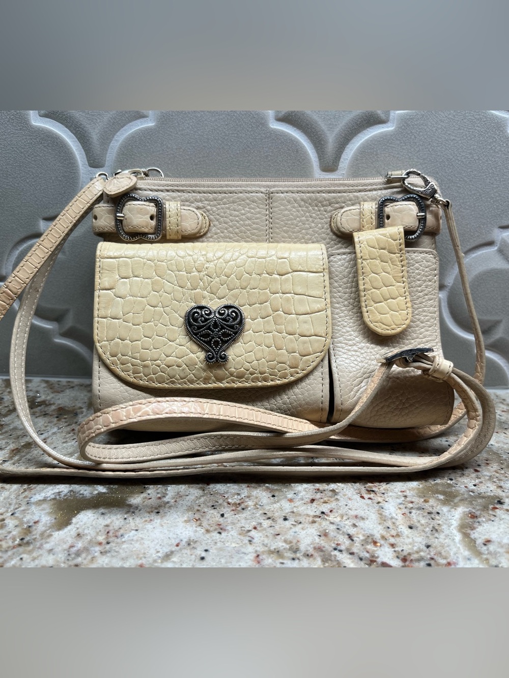 Brighton Cream Croc-Texture Crossbody with Heart Medallion (vintage)